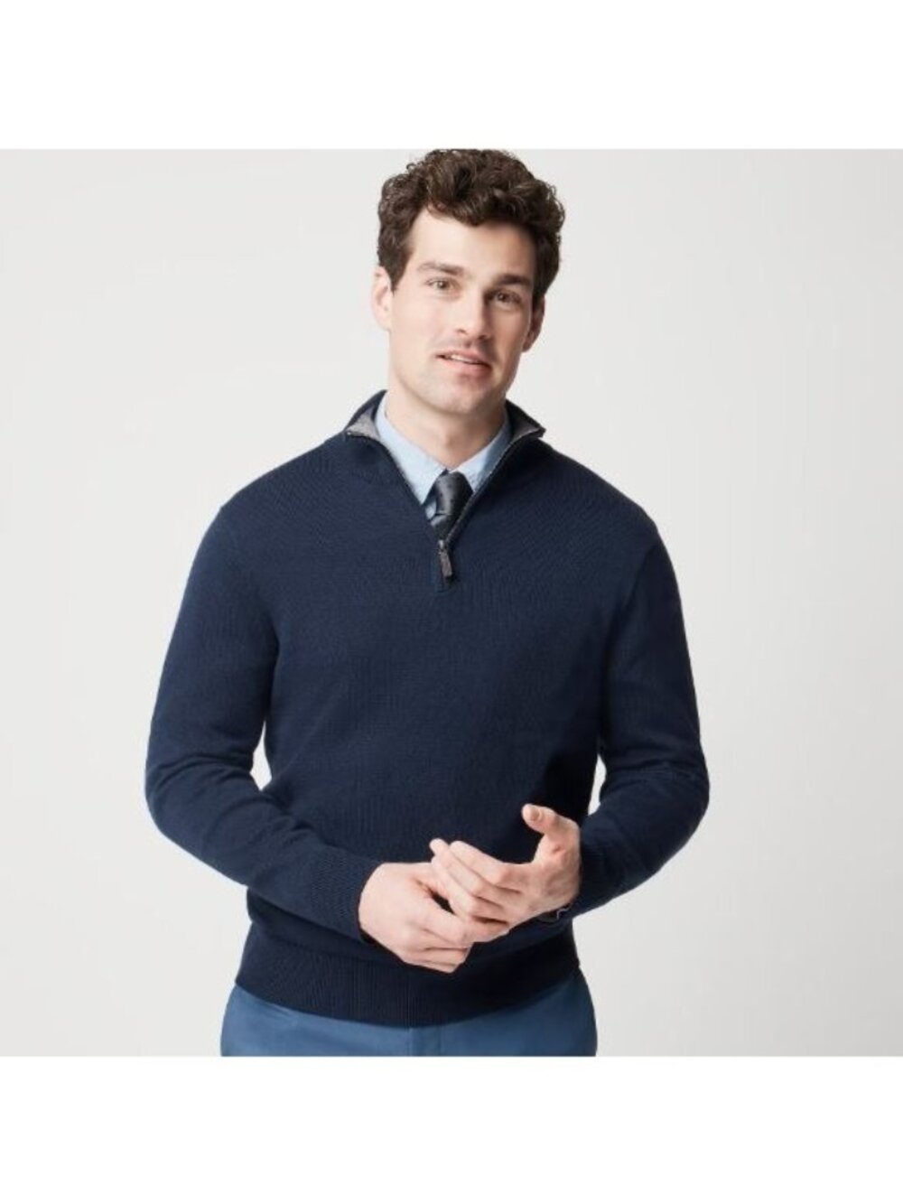 J.Crew Men Sweater Size Large Quarter Zip 100% Cotto Navy Ribbed Collar Was $98